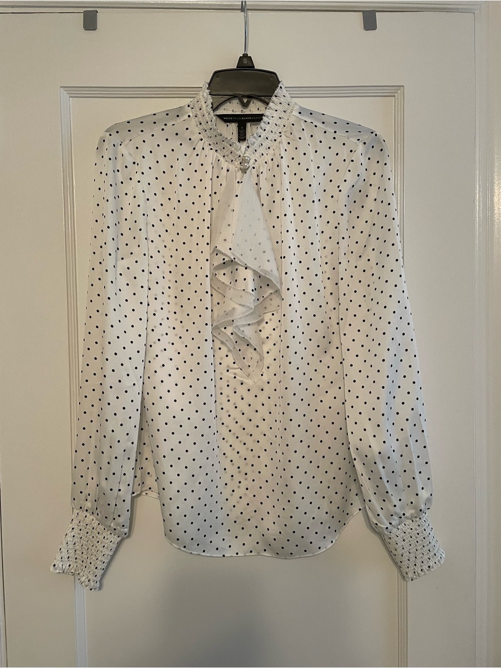White House Black Market White Polka Dot Ruffle Front Blouse